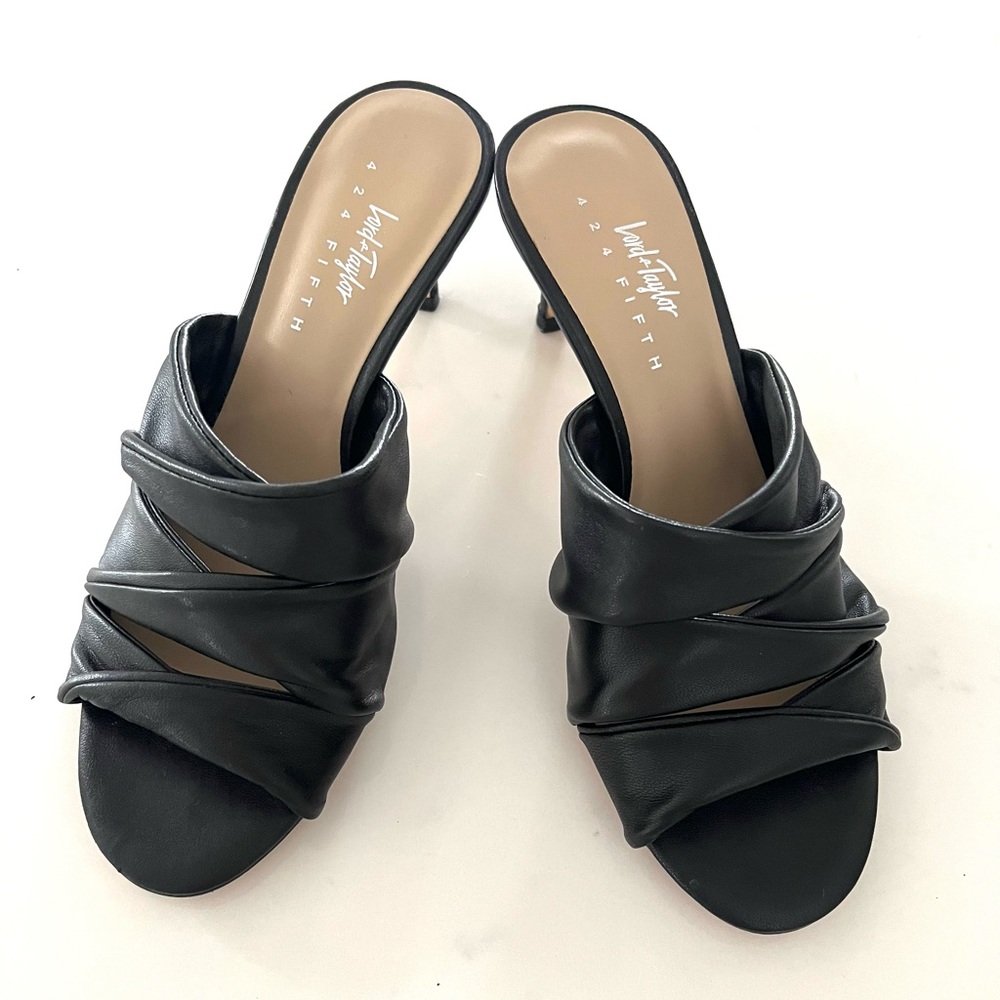 LORD & TAYLOR•424 fifth “gala” black leather slide heeled sandals 7 EUC